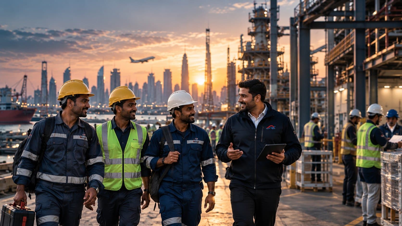 A Scoplios supervisor walking a deployed crew across a port site at sunset